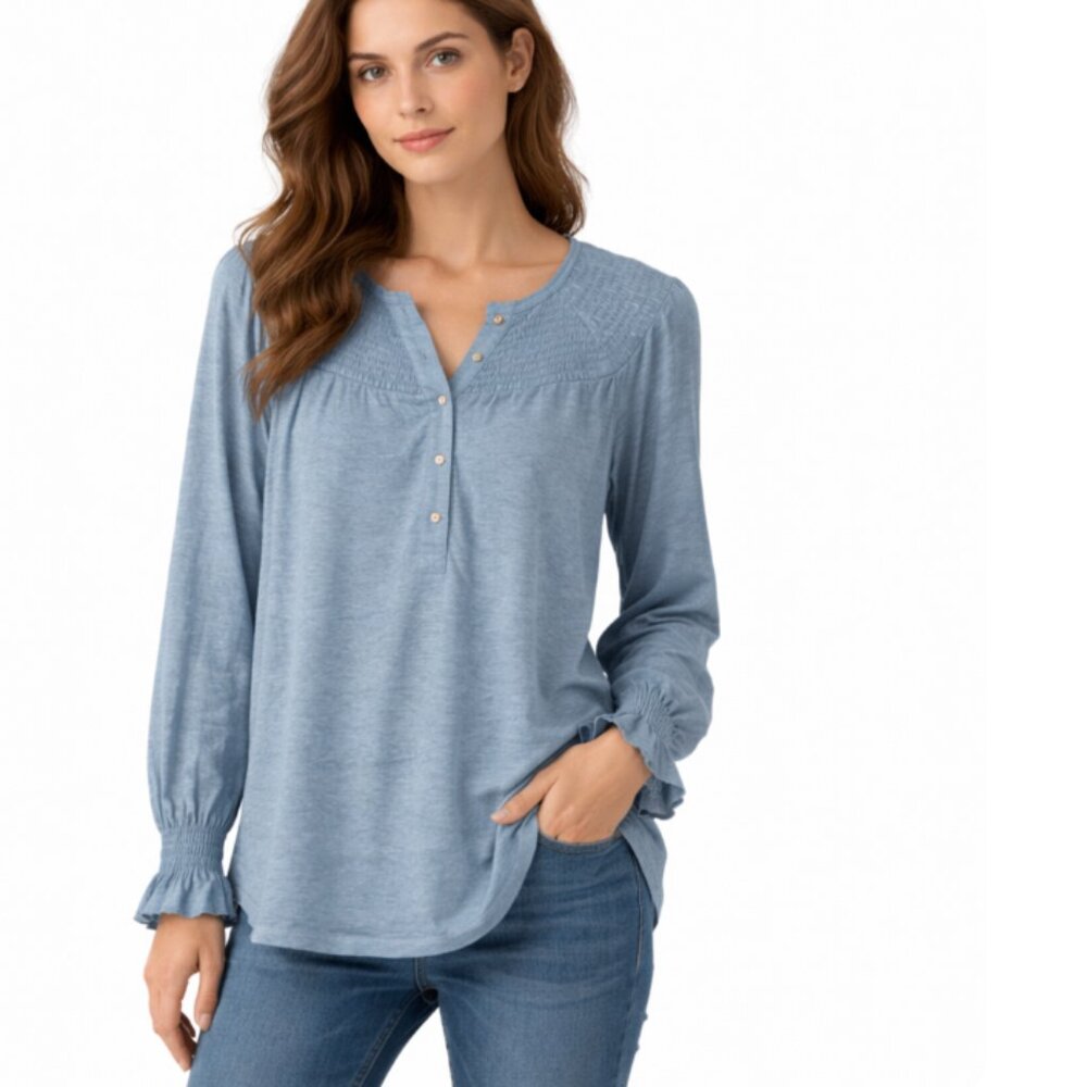 SUNDANCE 100% Linen Henley Tunic Long Sleeve Ruching Smocked Top